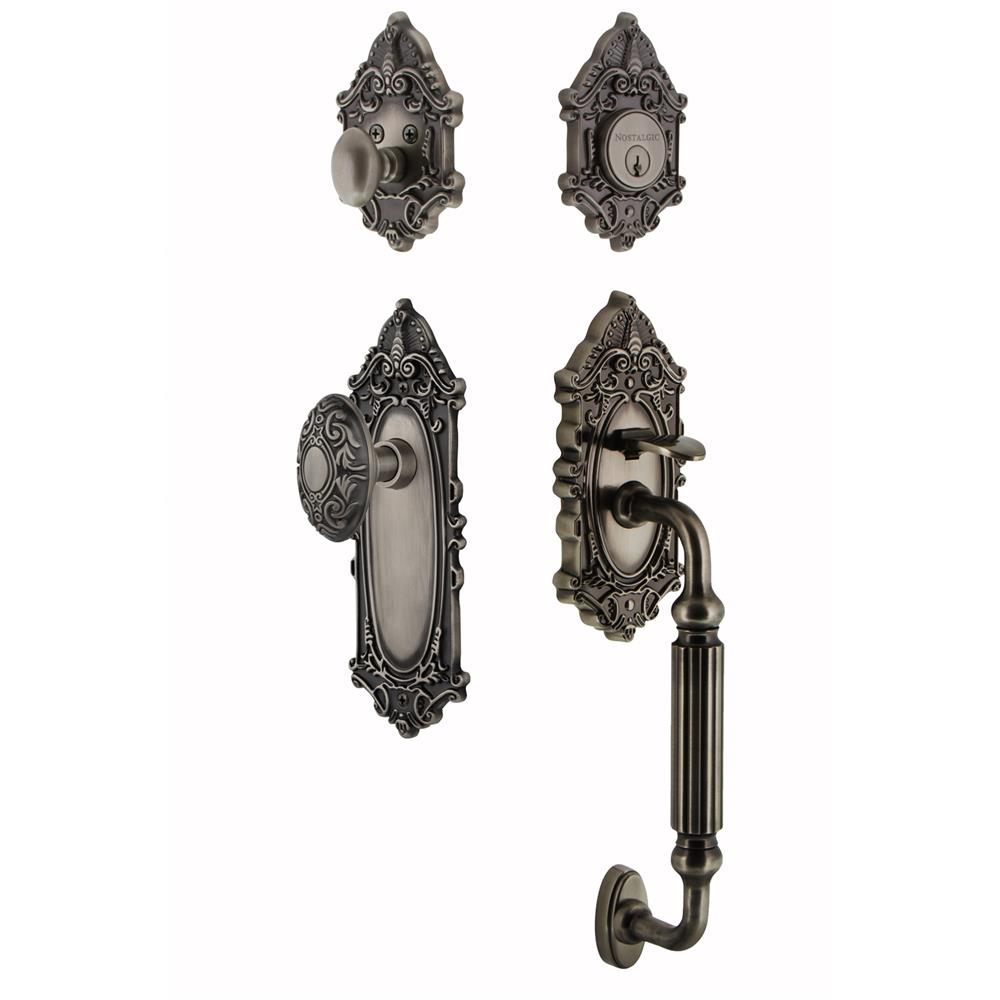 Nostalgic Warehouse VICVIC Victorian Plate F Grip Entry Set Victorian Knob in Antique Pewter